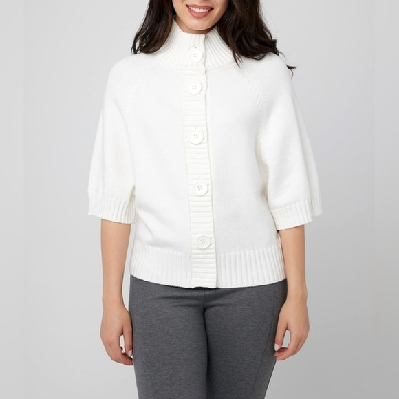 Coco Y Club White Short Sleeve Button-Up Mock Neck Sweater S - Picture 1 of 7